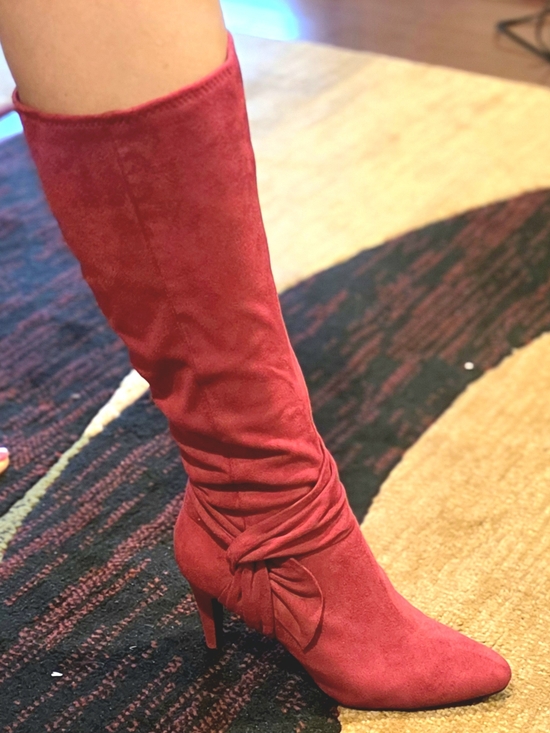 Anastasia Shoes - Anastasia Red Suede Mid-Calf Knot Heel Boots